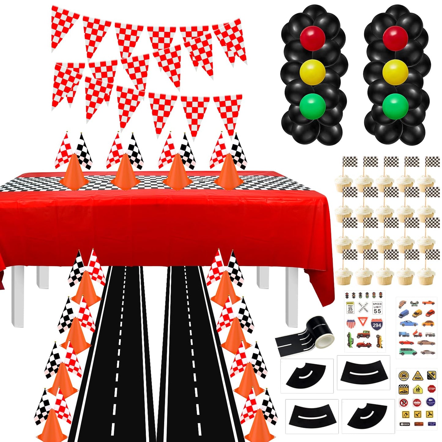 Race Car Party Supplies - 12 Traffic Cones With Holes on Top, 24 Checkered Flags, Checkered Race Car Party Tablecloth, Wheel Tir