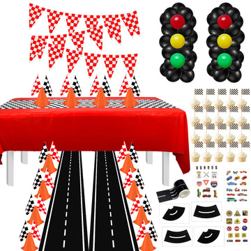 Race Car Party Supplies - 12 Traffic Cones With Holes on Top, 24 Checkered Flags, Checkered Race Car Party Tablecloth, Wheel Tir