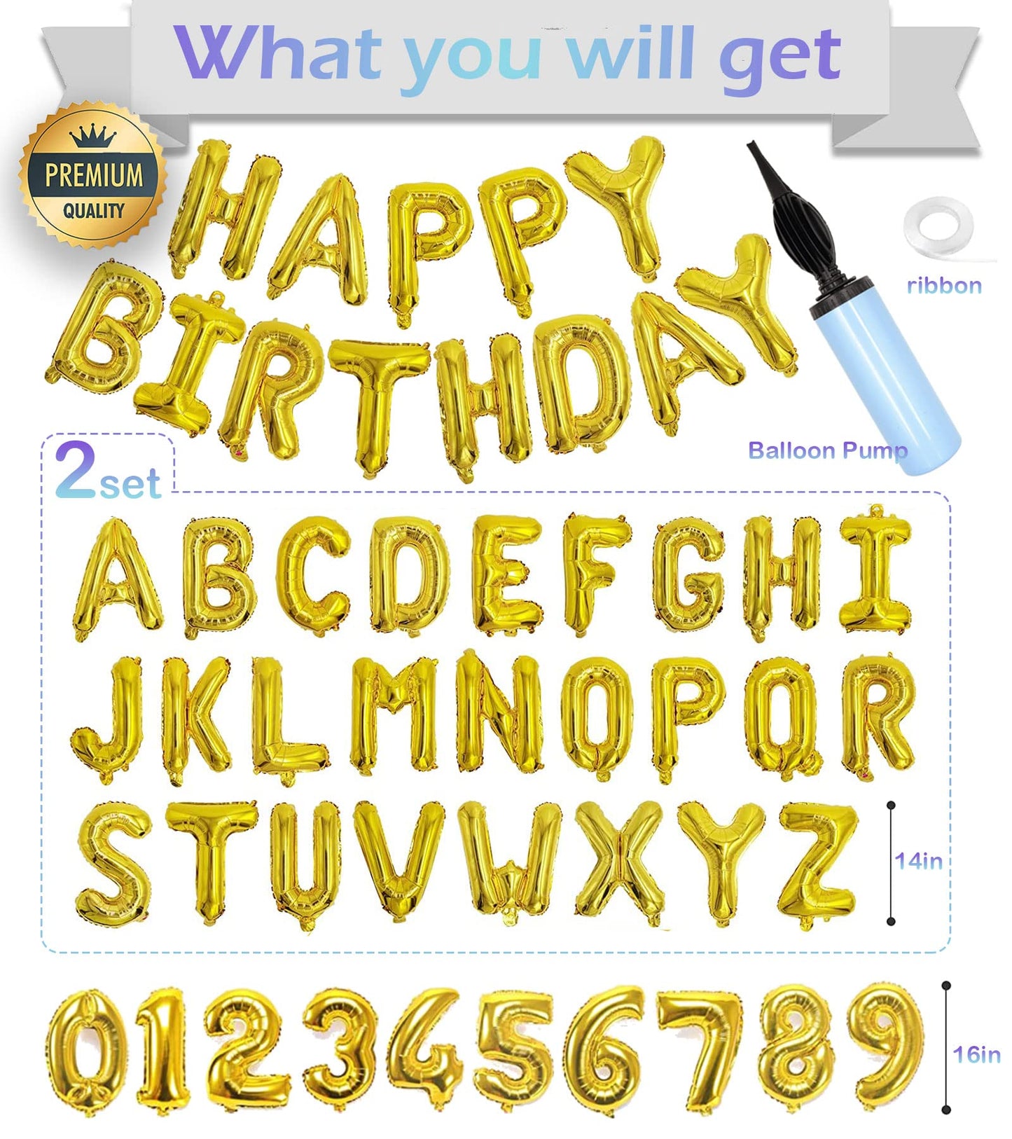 76Pcs Happy Birthday Balloon Banner, Gold Balloons Letters, Personalized 16'' Mylar Foil Birthday Decorations Includes 2 Sets A-
