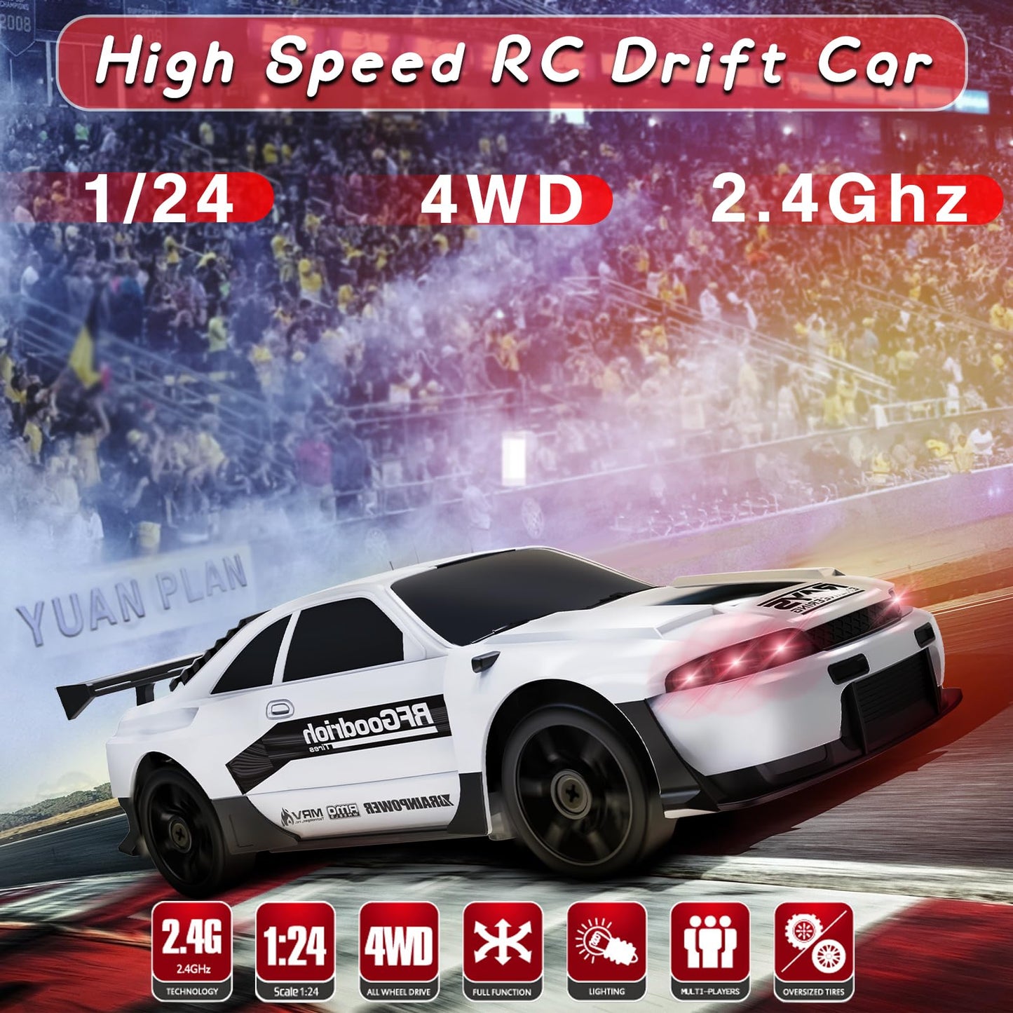 YUAN PLAN 2.4GHz High Speed RC Drift Car, LED Lights, 4WD, Two Batteries Included, Drift Tires, for Kids & Adults, White