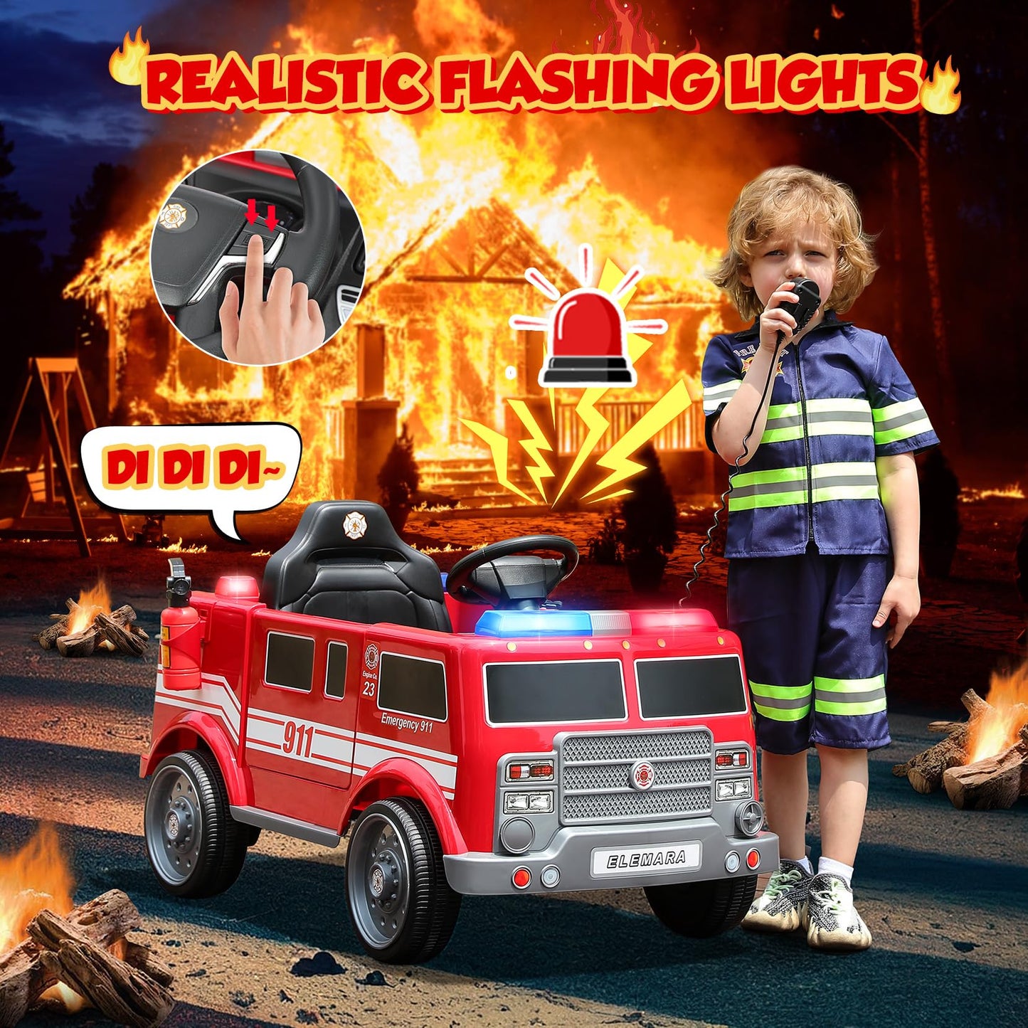ELEMARA 12V Ride on Fire Truck, Battery Powered Toddler Electric Vehicle w/Parent Remote Control,Ride on Car for Kids,Siren-Call