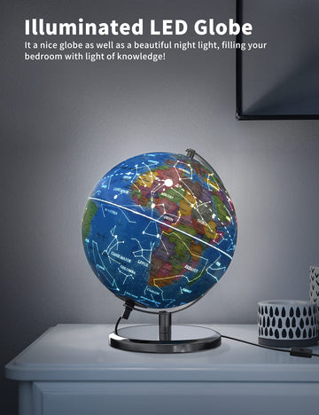 Waldauge 9'' Illuminated World Globe With Stand, Earth Globes With Stable Heavy Metal Base For Kids Classroom Learning, Led Cons