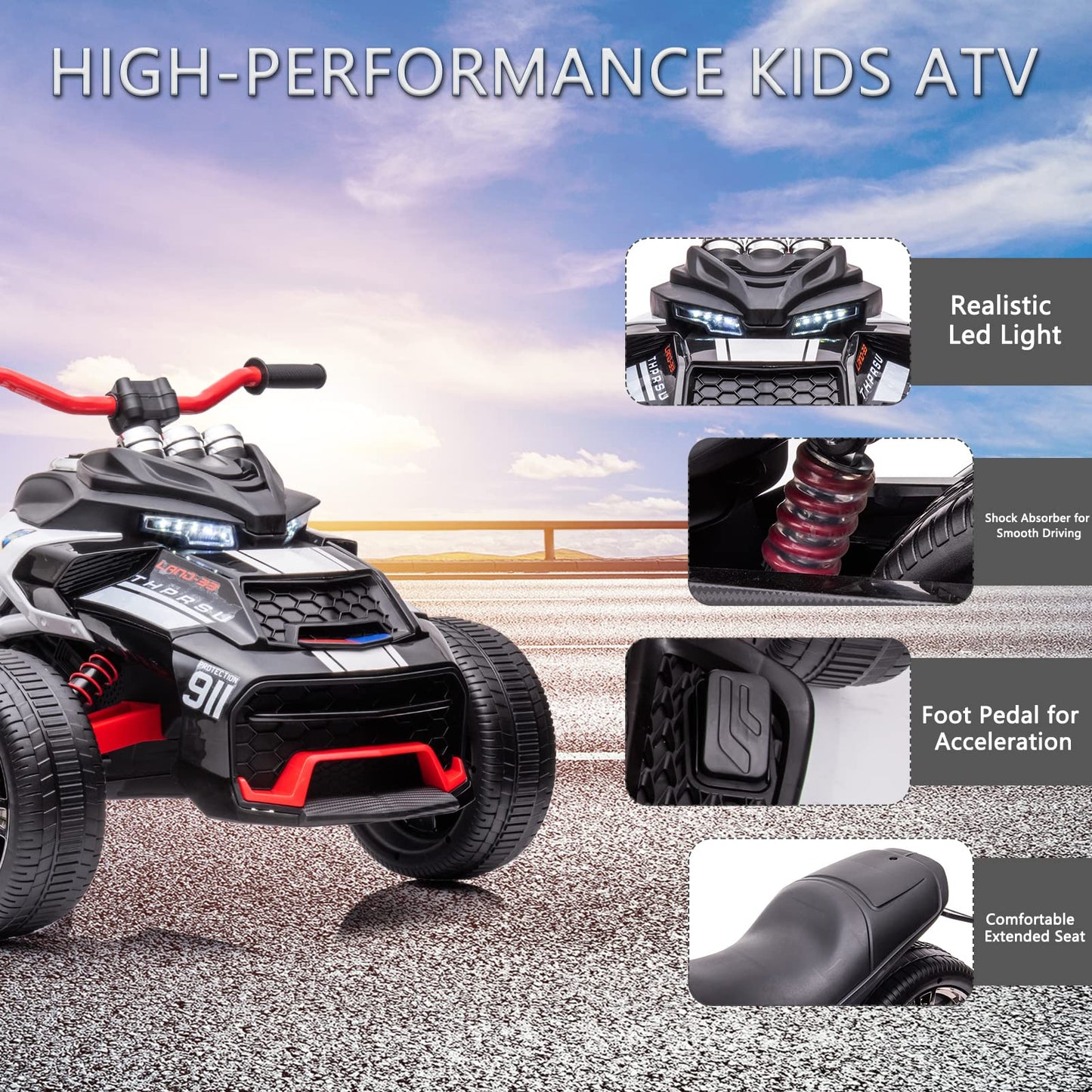 Luibas 24 Volt 3 Wheeler Battery Powered Ride On Utv, Kids Electric Ride On Atv For Kids, Kids Police Motorcycle With Eva Rubber