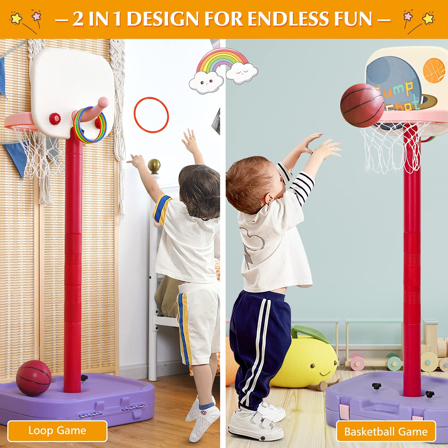 Costzon Kids Basketball Hoop, 2 In 1 Toddler Basketball Hoop Toy Set With Ring Toss & Storage Box For Boys Girls Baby, Portable Basketball Hoop Stand With Adjustable Height For Indoor Outdoor