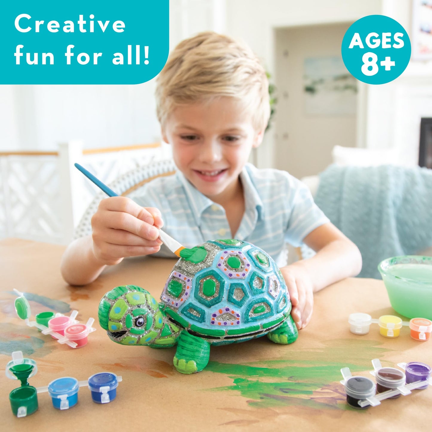 MindWare Paint Your Own Stone Decor: Box Turtle - DIY Craft Kit for Kids Includes Weather Resistant Stone, Paints and Brushes