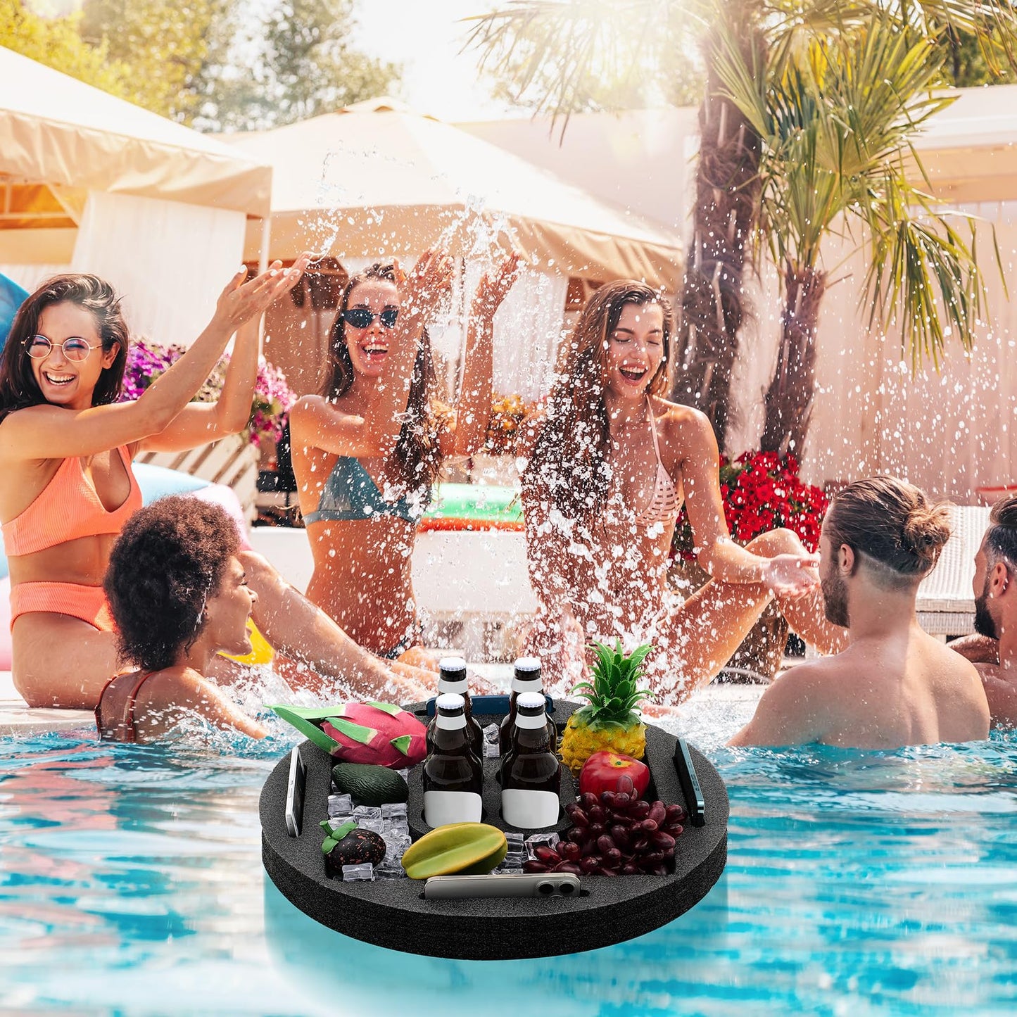 Qinyoung Large Floating Drink Holder Black Floating Refreshment Table Tray Compartment Portable Floating Pool Tray for Swimming