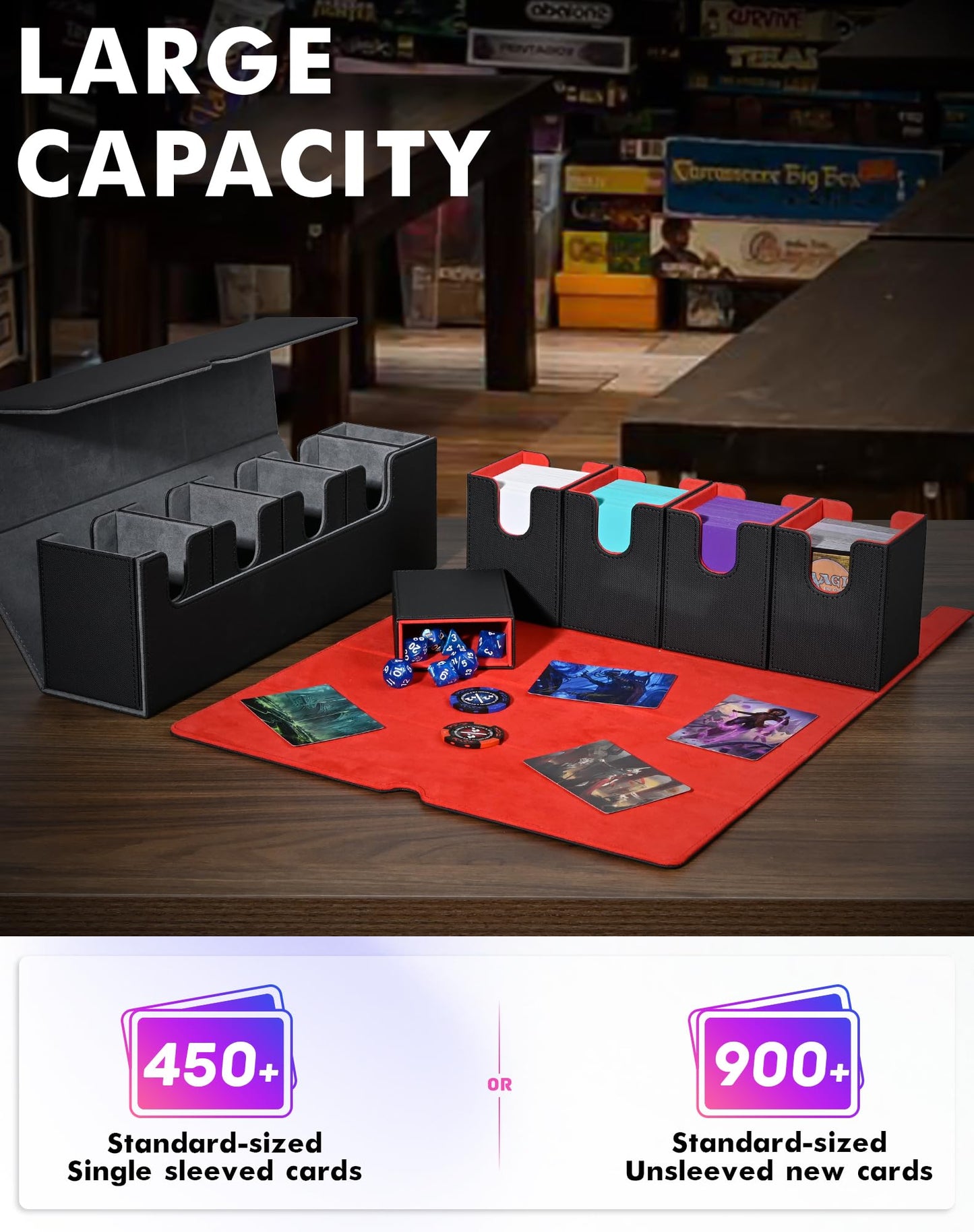 Uaono Card Deck Box With Dice Tray For Mtg, 5 In 1 Card Deck Case Holds 800+ Unsleeved Cards, Strong Magnet Card Organizer Compatible With Yugioh Tcg Sports Cards (Black Red)