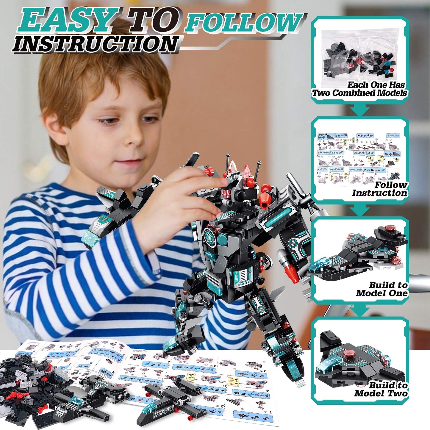 LUKAT Robot Building Toys for Boys Age 6 7 8 9 10 11 Year Old, 577 PCS STEM Toy Kit, 25-in-1 Building Bricks Educational Constru