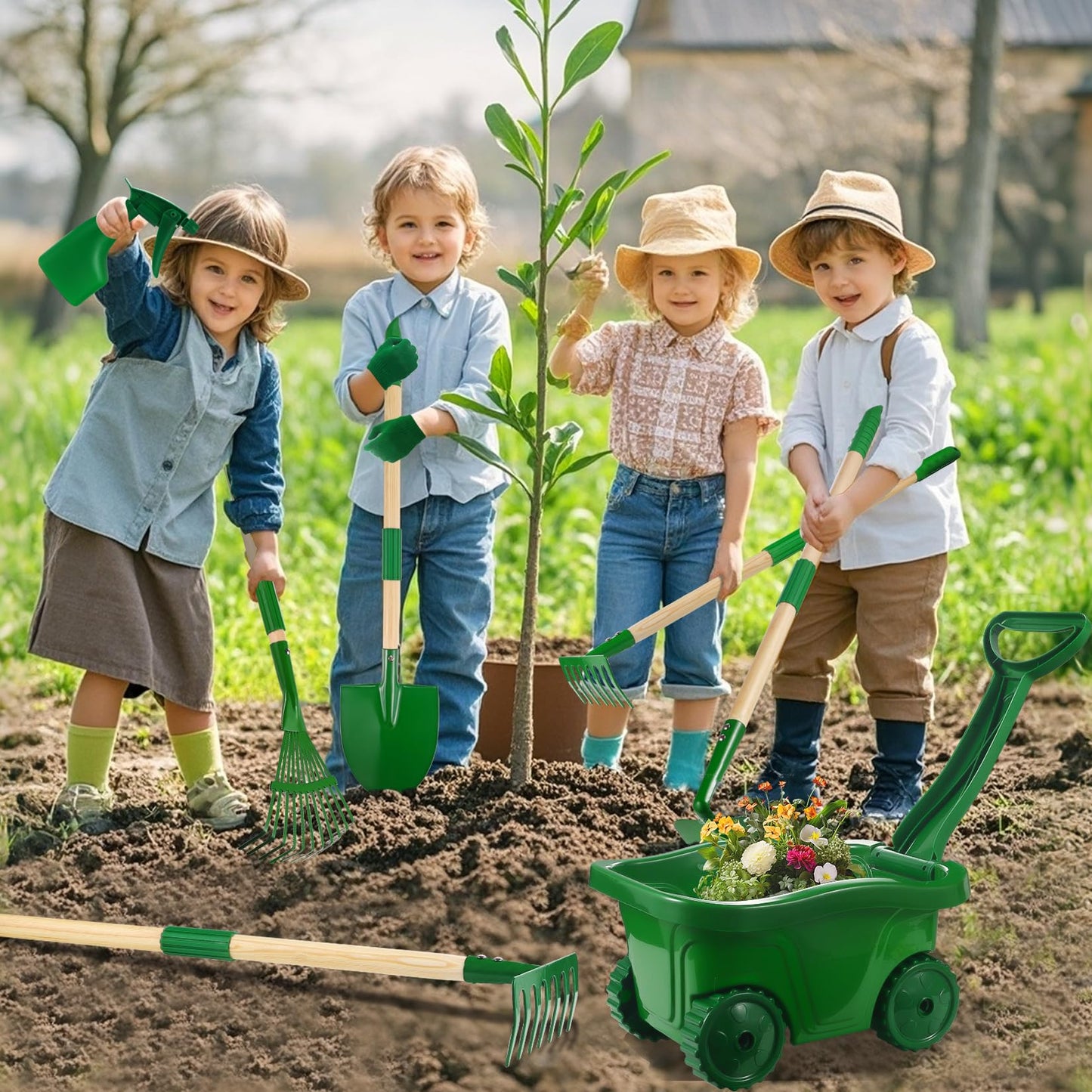 Duckura Kids Gardening Tools Set - 10pcs Wheelbarrow Set for Kids with Shovel  Rake  Leaf Rake  Summer Outdoor Yard Digging  Toys  Halloween Birthday Gifts for Boys Girls Age 2 3+ Years Old(Green)