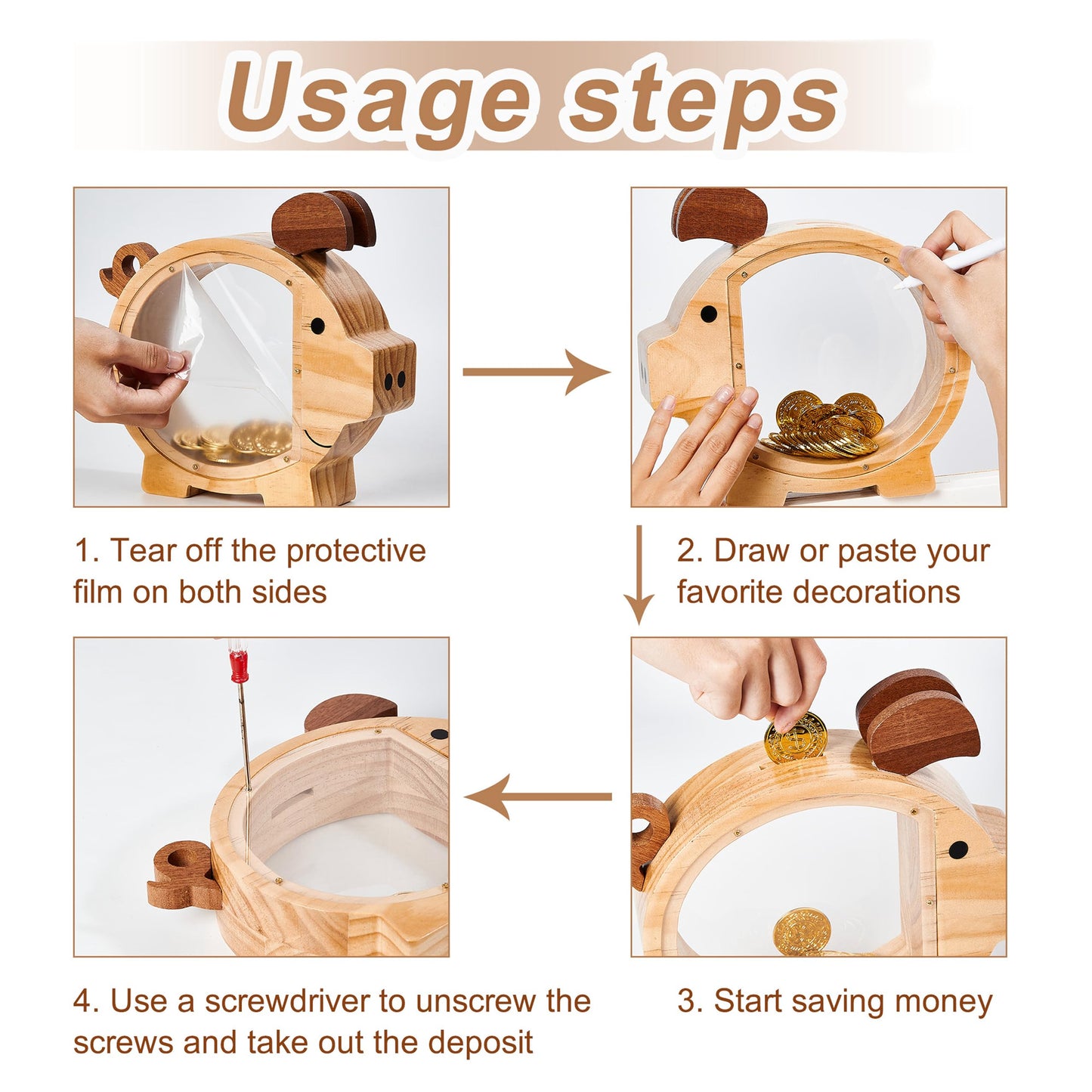 Personalized Wooden Piggy Bank For Kids, Unbreakable Money Saving Jar For Boys And Girls, Diy Custom Name Coin Bank With Letter