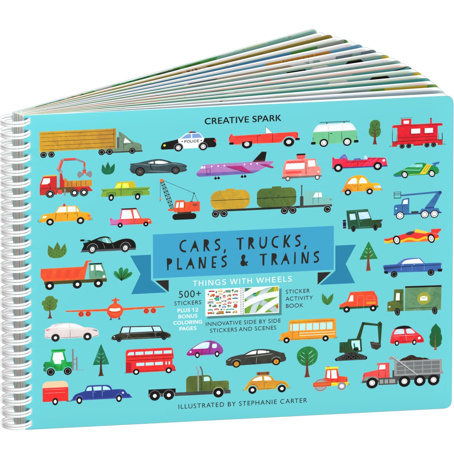 Cars, Trucks, Planes & Trains Sticker Book + Coloring by Cupkin: Innovative Side by Side Sticker Books - Spiral Binding Allows T