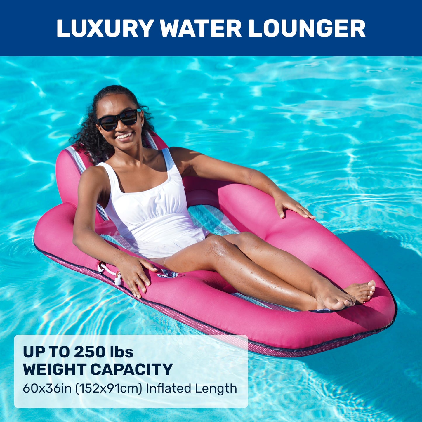 Aqua Luxury Water Pool Lounge – Extra Large – Inflatable Pool Floats For Adults With Headrest, Backrest, Footrest & Cupholder – Burgundy/Navy Stripe