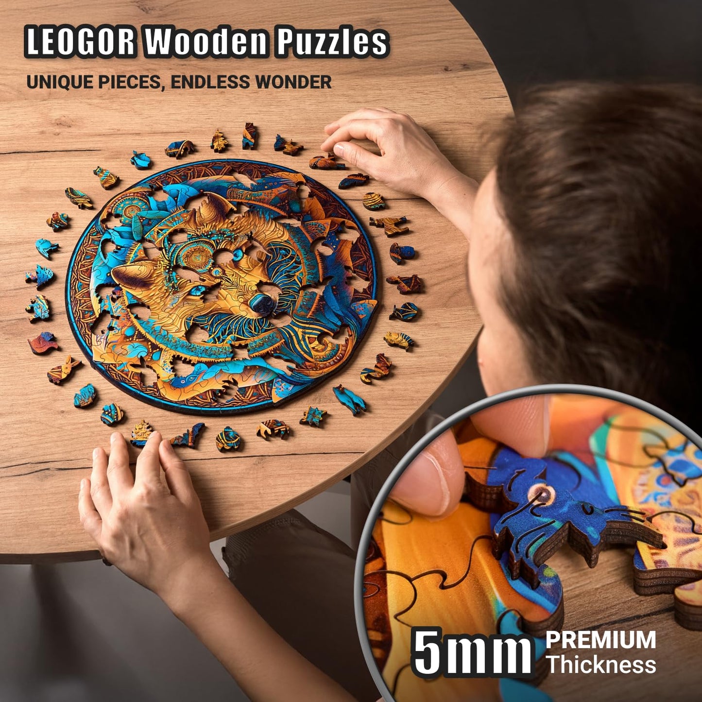 Wolf Enchantment - 200 Piece Wooden Puzzles for mature-themeds - 12 x 11.8 in - Extra-Thick 5 mm Wood Puzzle  Hand-Shaped Pieces  Round Mosaic Design - enhanced Gift for Puzzle Lovers by LEOGOR