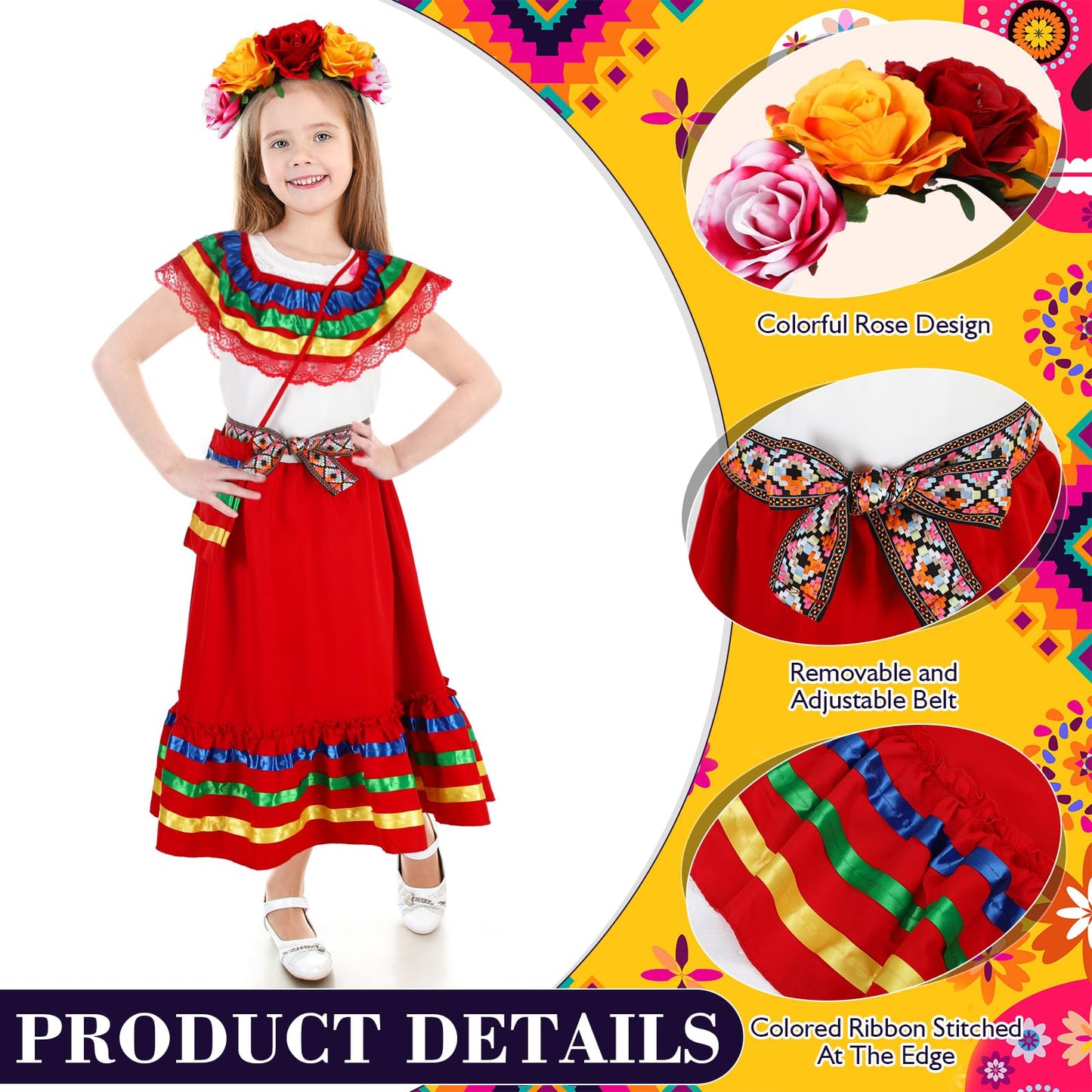 Funnysoft 6 Pcs Mexican Dress for Girls Traditional Cinco De Mayo Dress with Flower Headpiece Fiesta Dress Costume(for 4 Years)