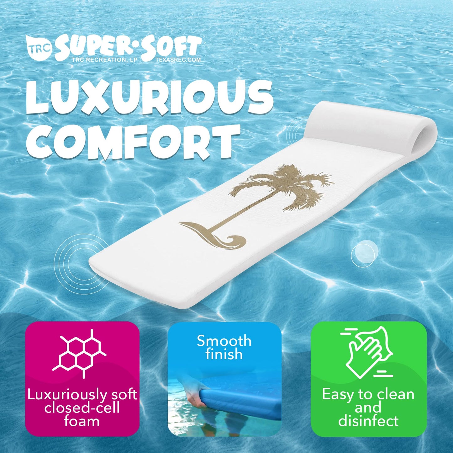 TRC Recreation Sunsation 1.75  Thick Vinyl Coated Foam Swimming Pool Float Mat mature-themed Lounger with Built-In Roll Pillow  White/Bronze Palm