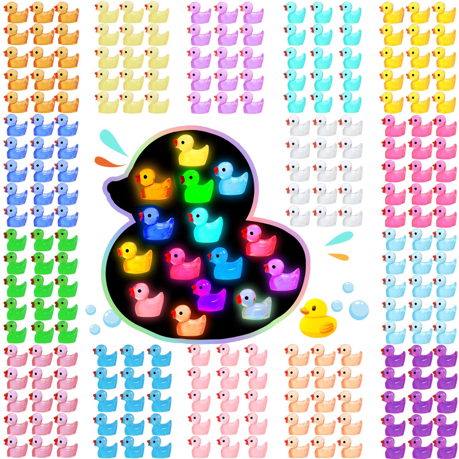 DWWPOO 225 Pcs Luminous Mini Resin Ducks Bulk 15 Colors Tiny Duck Glow in The Dark for Garden Micro Landscape Dollhouse Aquarium