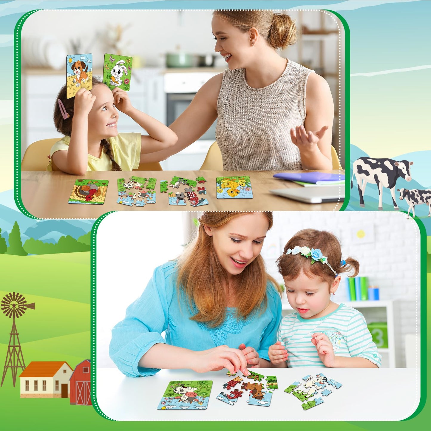 Realspring 24 Pack Farm Animal Jigsaw Puzzles for Kids, DIY Coloring Crafts, 3.94x3.94 inches, Paper, Model CHU-Realspring-2733
