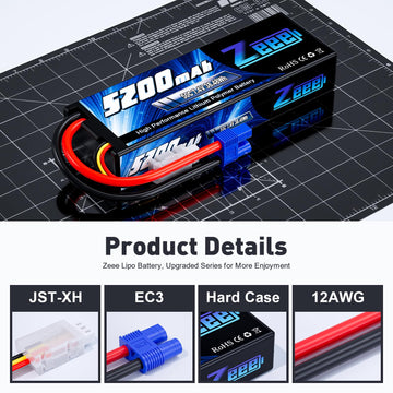 Zeee 2S 5200mAh Lipo Battery 7.4V 50C Hard Case Battery with EC3 Plug Compatible with 1/8 1/10 RC Vehicles Car Slash RC Buggy Tr