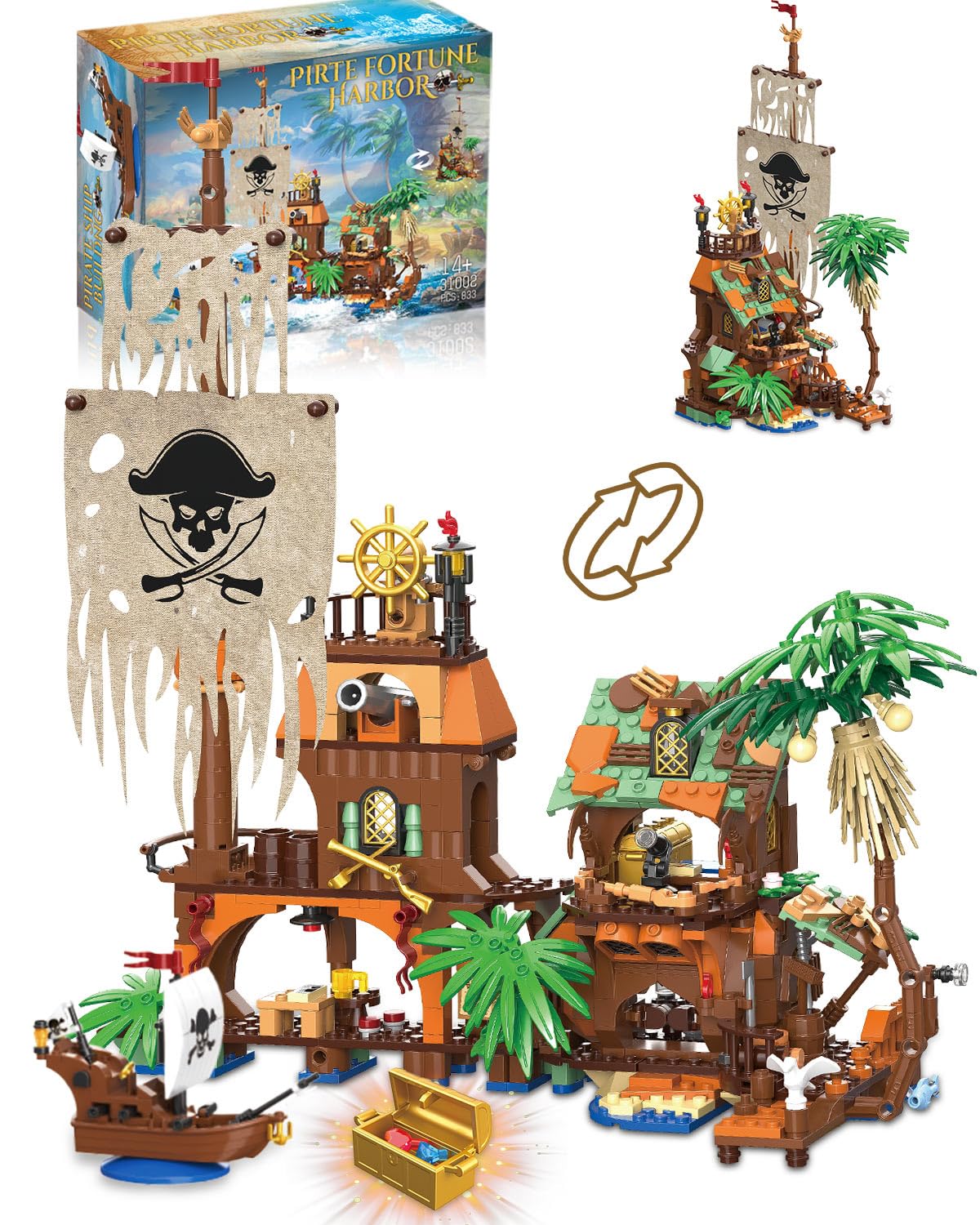 Pirate Ship Building Kit, 2-In-1 Pirate Wharf Building Set For Adults, Building Toys Gift For Kids Boys 8-12, Compatible With Le