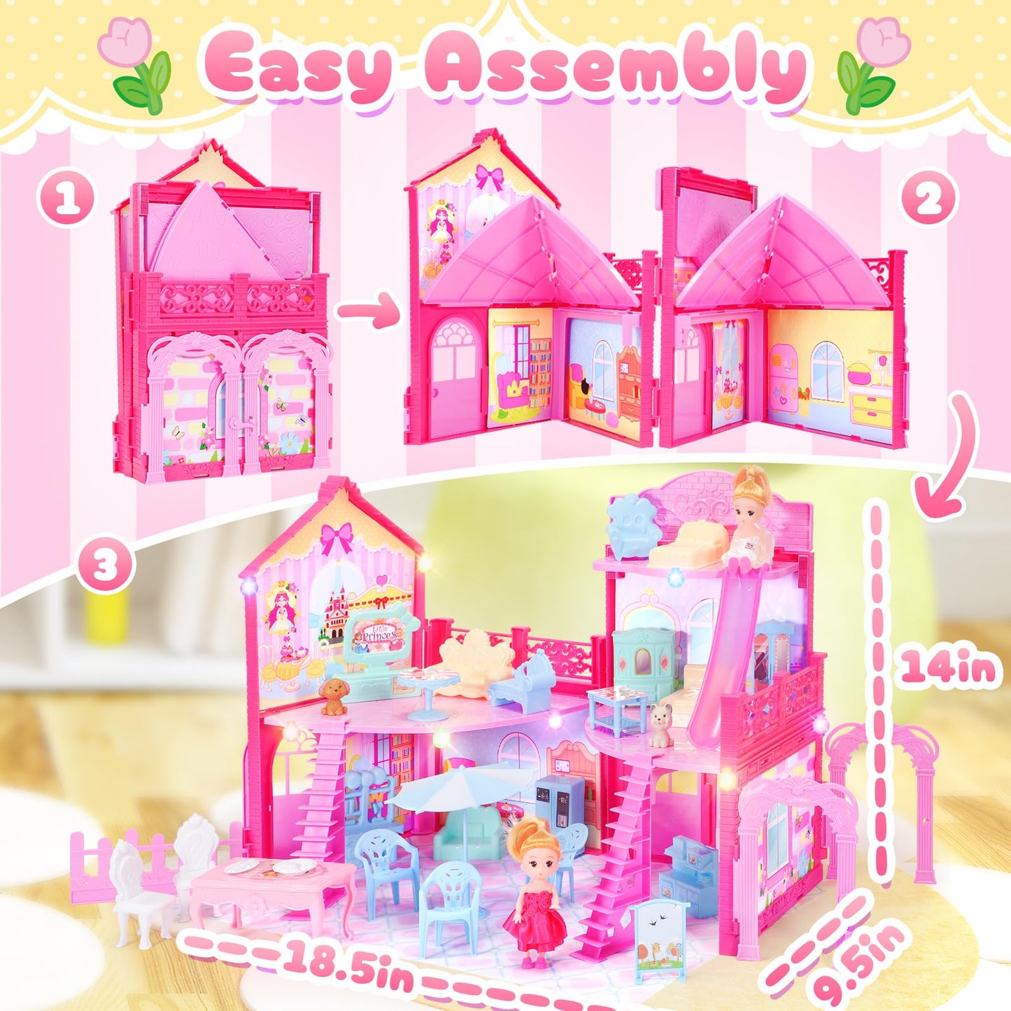 Amidear Foldable Dollhouse 2024, Dream 3-Story Princess Doll House Playset With Furniture Slide, Pink Toddler Toy House For 3 4