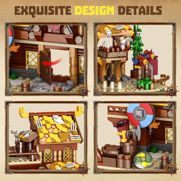 Driveplexpro Viking Pirate Ship Building Blocks, Viking-Themed Building Set House & Ship Model Kit, Classic Toys Creative Constr