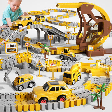 IHAHA 299 PCS Construction Race Tracks Playset with 6 Engineering Cars - Plastic Toys for Boys Ages 3-6, Model XS185A-1