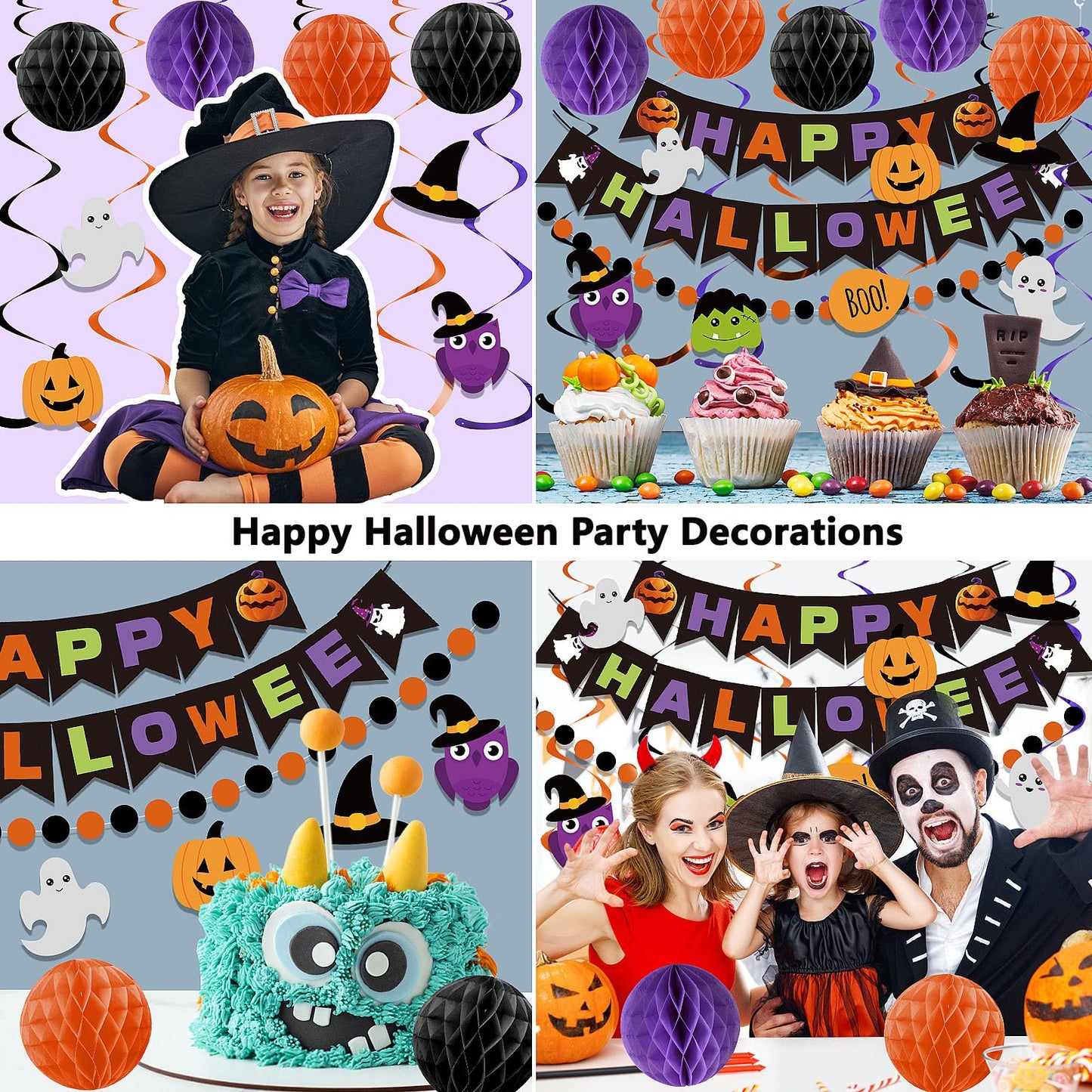 meowtastic Happy Halloween Banner Decorations - Halloween Banner with Honeycomb Ball, Halloween Hanging Swirl Streamer, Circle D