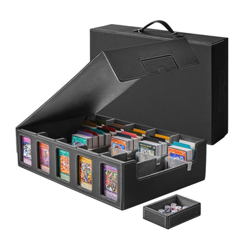 5-Row Trading Card Storage Box  Protable 3900+ MTG Deck Box with Removable Lid  Leather Magnetic Closure Commander Deck Box with 5 Toploaders  5 Stoppers  48 Dividers 1 Dice Tray (Black & Grey)