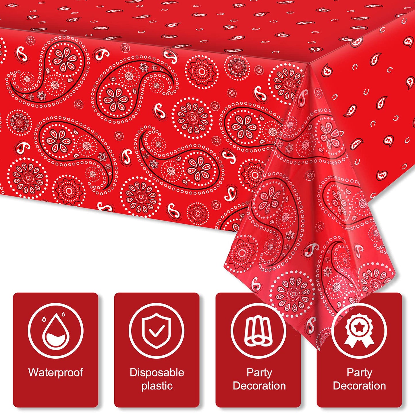 Western Party Tablecloth Paisley Table Cover Bandana Plastic Table Cloth Rectangle Floral Tablecloth For Western Cowboy Themed Party Decorations, 108 X 54 Inches (Red, 6 Pack)