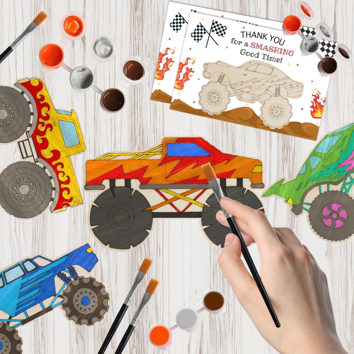 BOIKOKY Monster Truck Party Favors - 12 Wooden Cutouts with Magnets, 2" Orange/Brown/Gray/Black for Kids' Birthday Gifts & Decorations