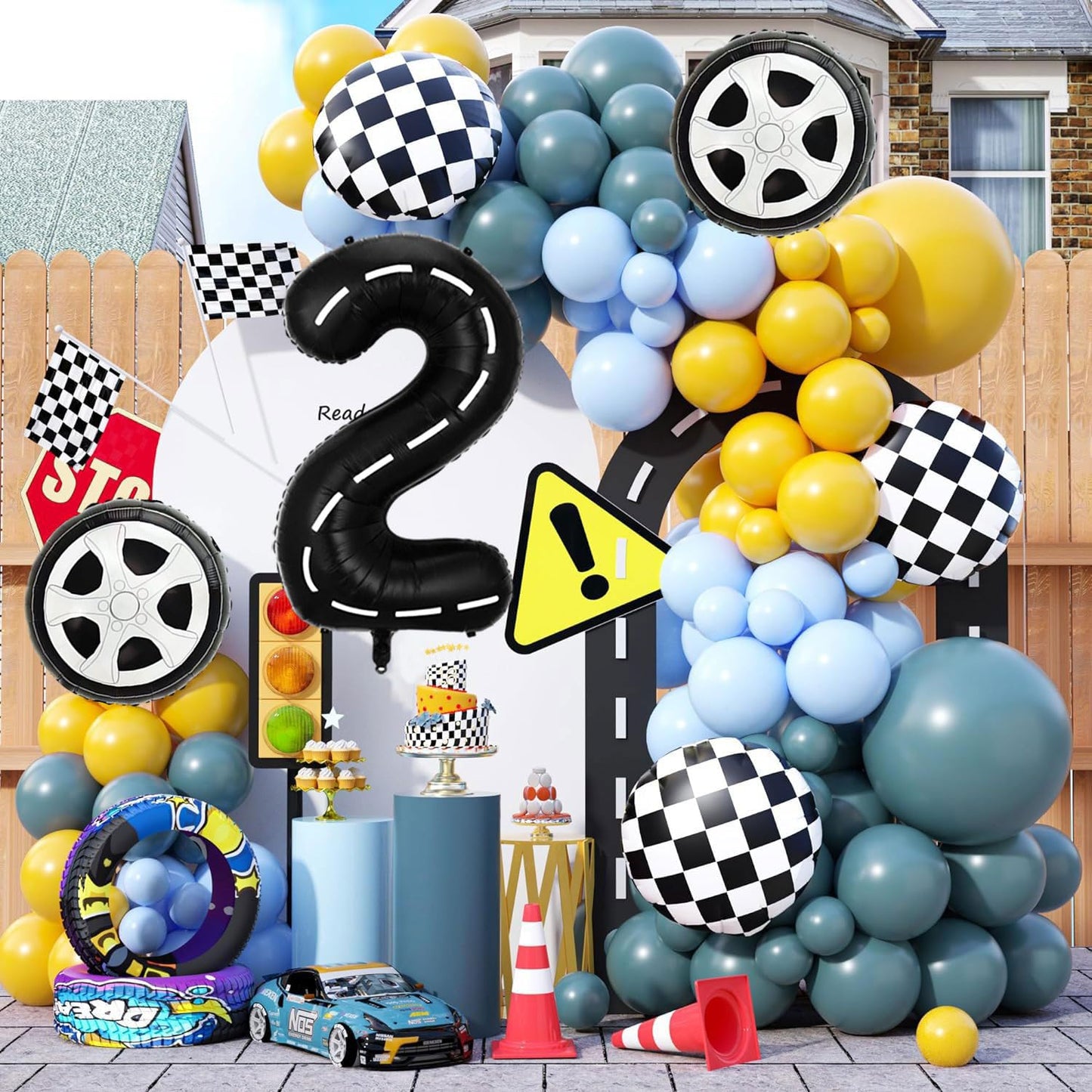 Eostankr Race Car Birthday Balloons - 40" Black Number 2 Mylar Balloon, 7 Pcs, Race Car Theme Party Decor