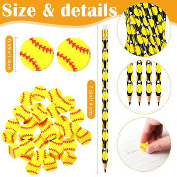 Tinlade 72 Pcs Sports Pencils And Erasers For Kids Fun Wooden Pencils For Kids Boys Sports Themed Birthday Party Favors Students Stationery Party School Office Supplies(Softball)