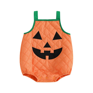 Molzulams Baby Girl Boy Halloween Outfit Sleeveless Pumpkin Romper Adjustable Shoulder Strap Jumpsuit Cute Halloween Clothes