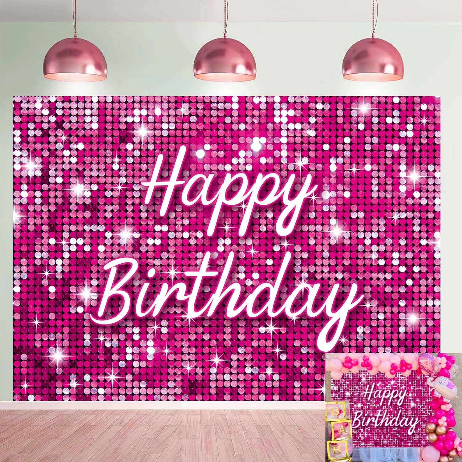 Pink Flash Square Photography Backdrop Hot Pink Happy Birthday Glitter Shinning Sequin Wall Panels Shimmer Wall Background for G