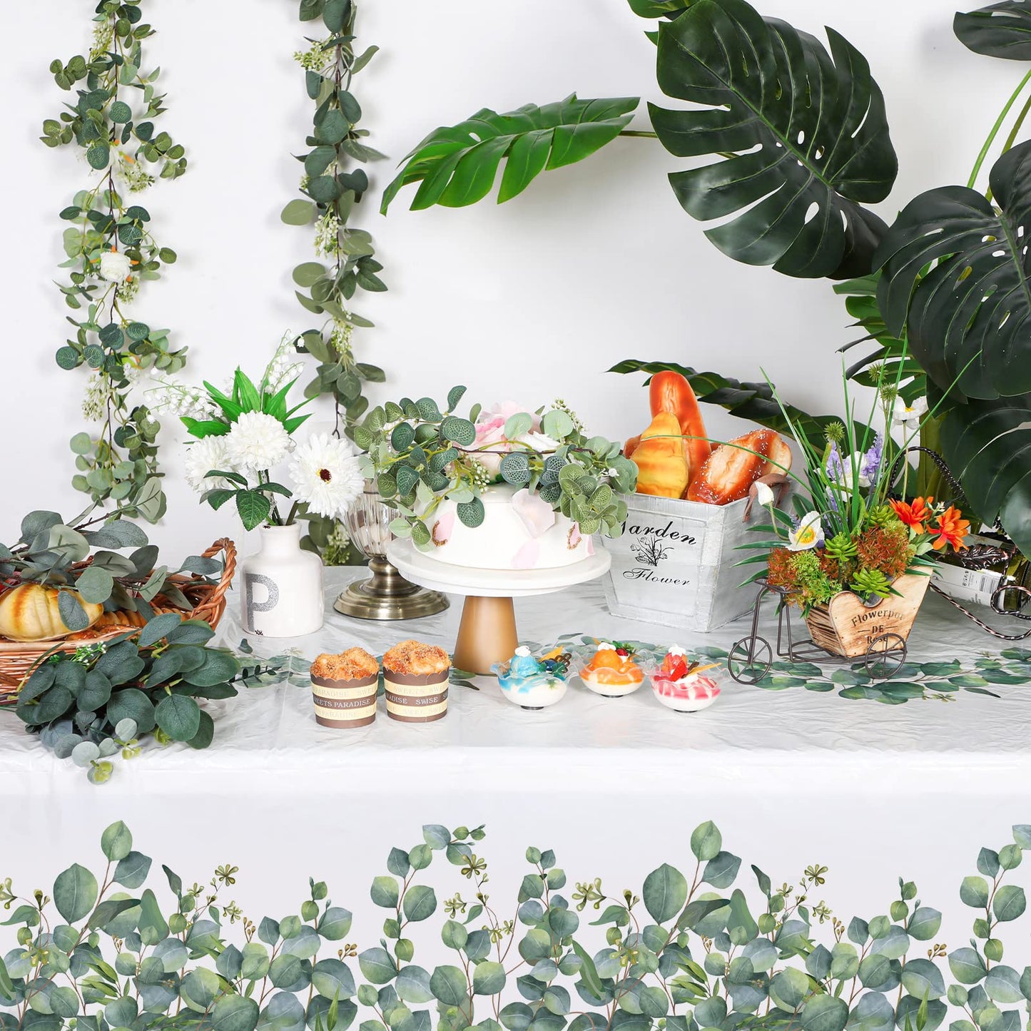 Remagr 6 Pcs Sage Green Tablecloth Plastic Eucalyptus Leaf Table Cover Rectangle Disposable Table Cloth for Bridal Baby Shower B