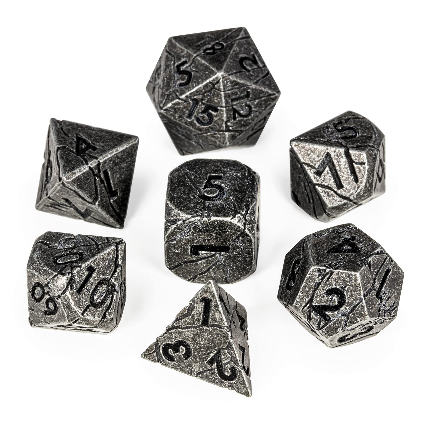 Dnd Metal Dice - Cracked Distressed Gray Metal Dice - Polyhedral Dice Set For Rpg D&D Mtg Pathfinder And More - Beautifully Deta