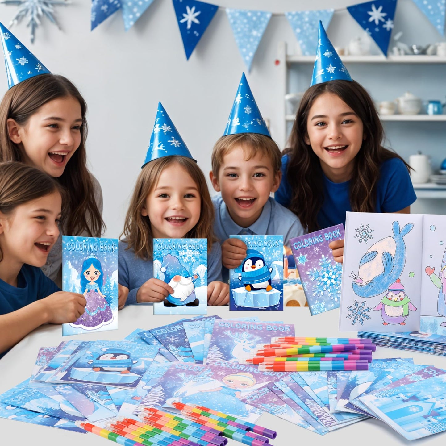 BenLouis 24 Frozen Mini Coloring Books with 24 Stacking Crayons Party Favors Winter Snowflake Themed Activity Book Crafts Bulk f