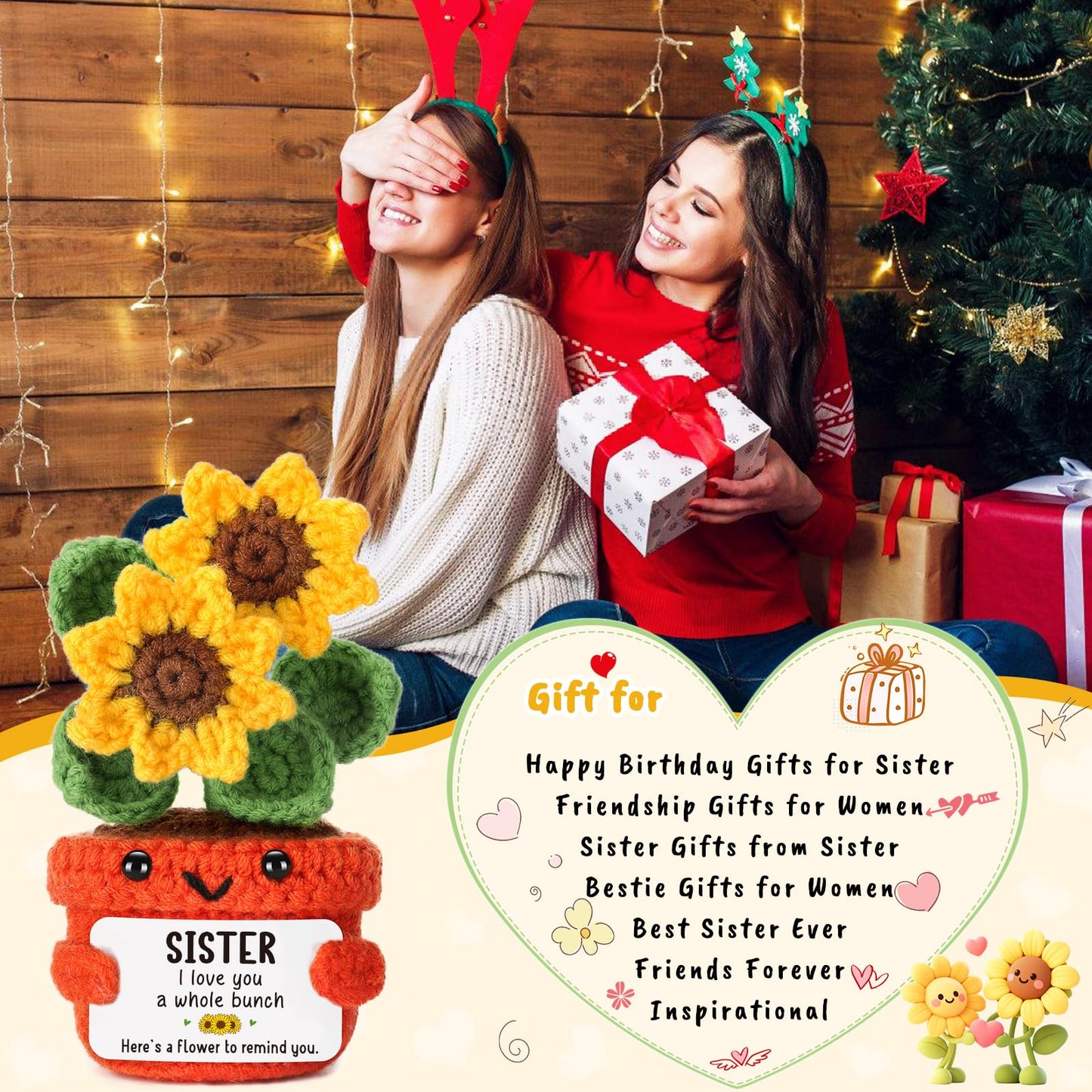 Sister Gifts for Christmas Birthday Big Sister Gift for Women Girls mature-themed Little Older Best Sister in Law Thinking of You Valentines Thanksgiving Christmas Mothers Day Present Cute Handmade Sunflower