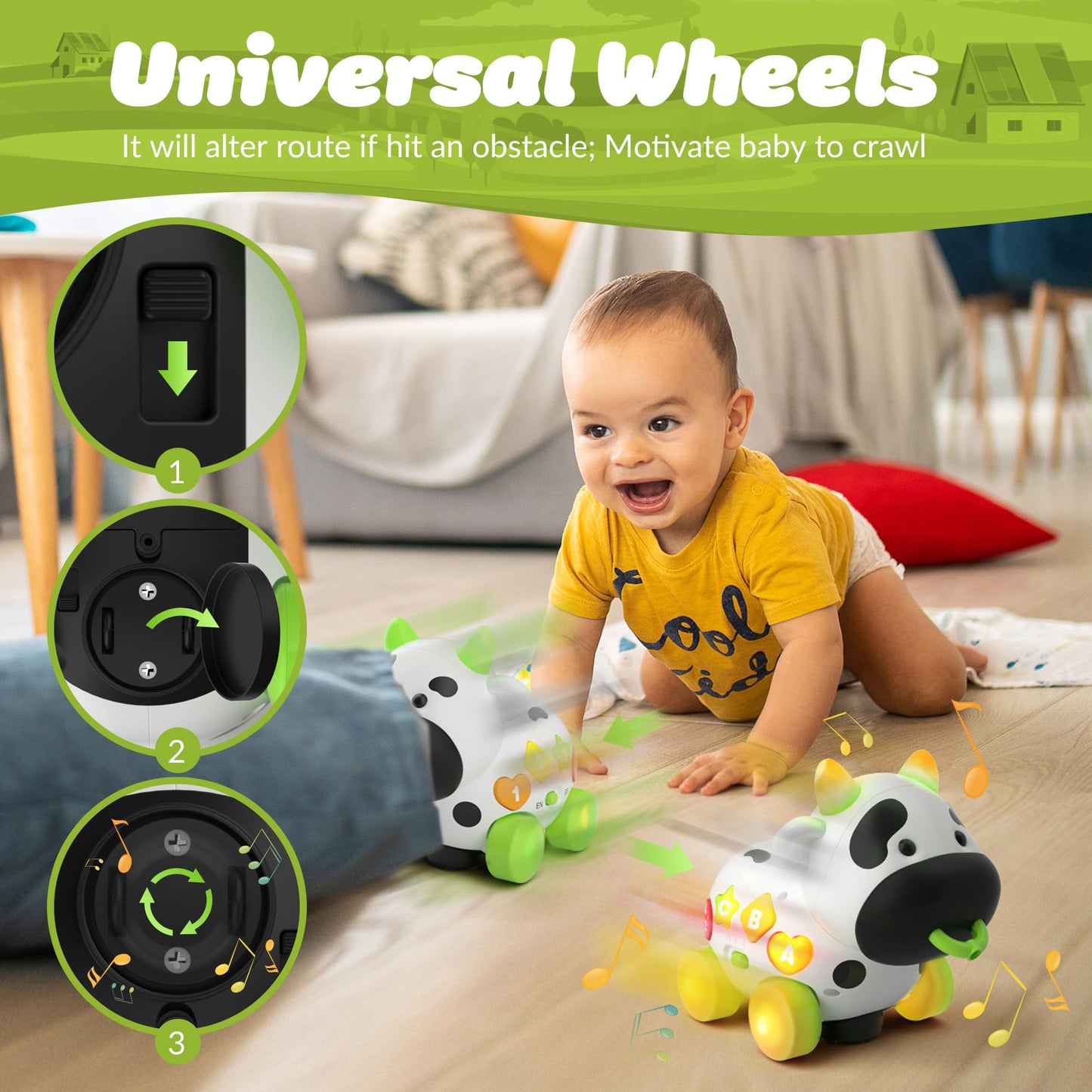 Musical Cow Toys For 1+ Year Old Boy Girl Birthday Gift, 1St For 1 Yr Toddler, Baby Crawling Toy 6-12 Months, Bilingual 12-18 Mo