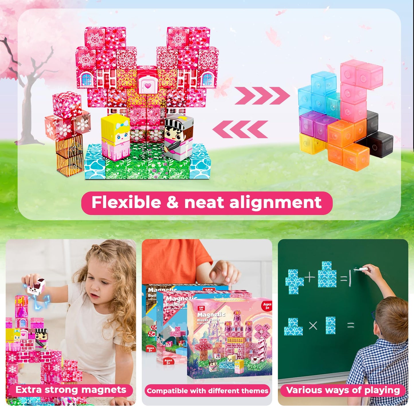 Magnetic Blocks - 100Pcs Magnetic Building Block Cubes, Magnet Blocks Transparent Castle Princess Toy Building Sets For Kids, St