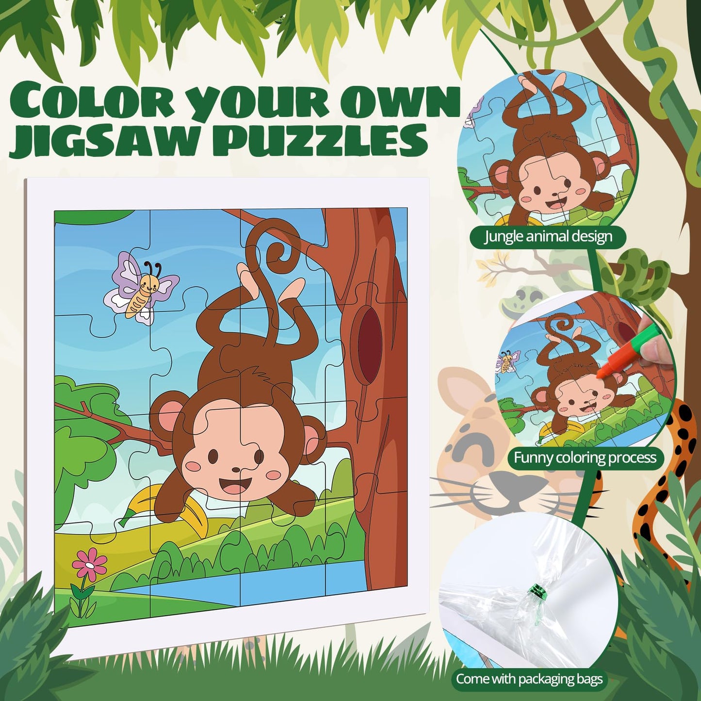 Fullhawl 24 Pack Wild Animal Puzzles Jungle Safari Color Your Own Puzzles DIY Wild One Jigsaw Puzzles with 12 Stackable Crayons and 12 Bags for Safari Theme Gifts Birthday Party Supplies