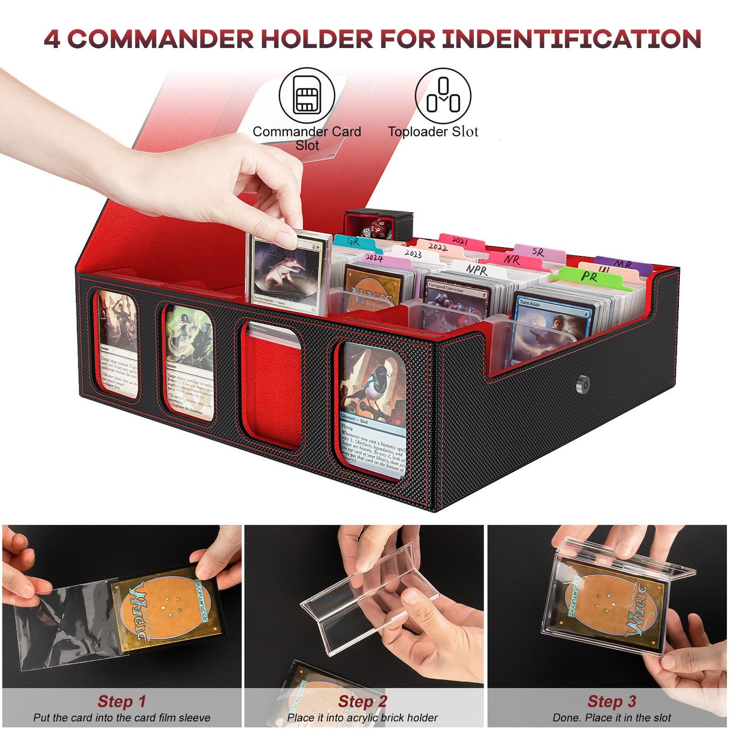 Gomyrod Card Storage Box 3200+ Mtg Deck Box With 30 Colorful Divider, Commander Trading Card Cases With Portable Handle & Viewin