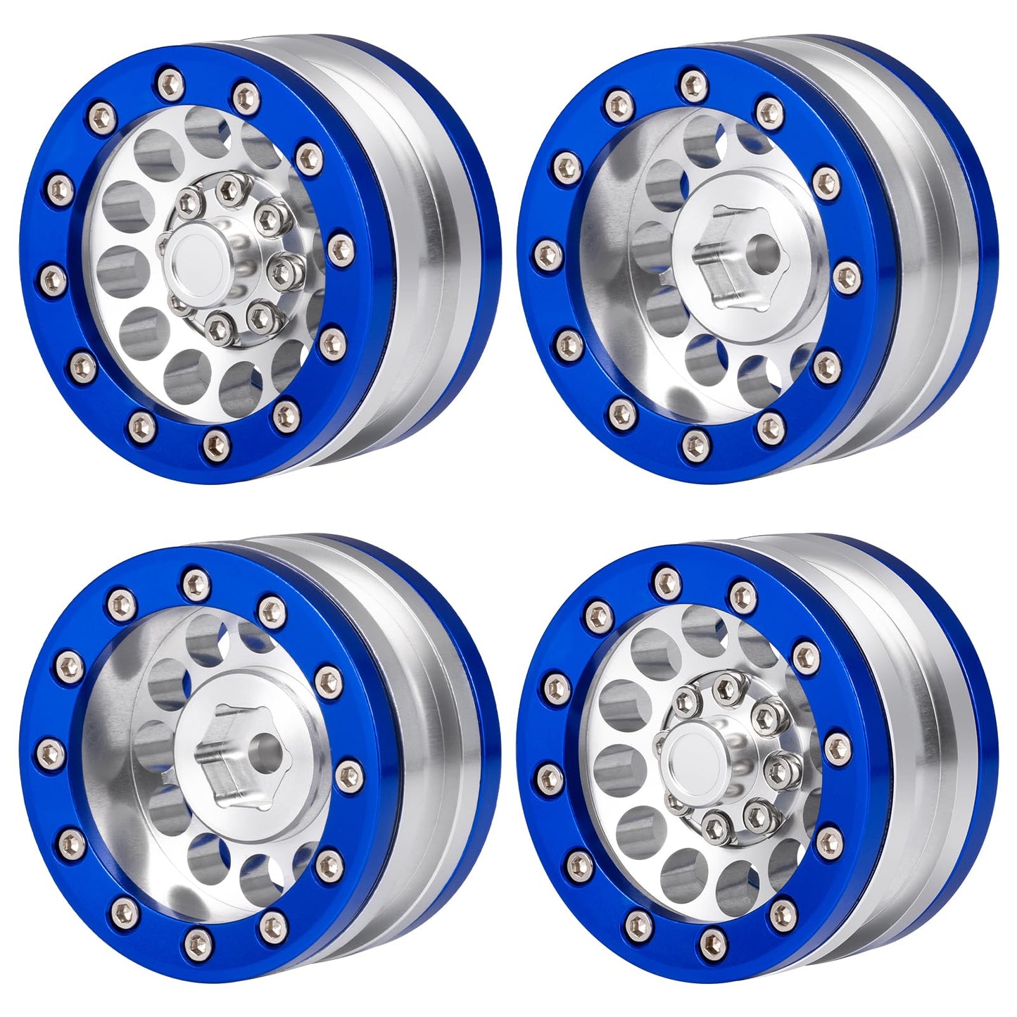 Rc-Hub Aluminum Alloy 1.9'' Beadlock Wheel Rims For 1/10 Rc Axial Scx10 Cc01 D90 D110 Tf2, 4Pcs (Silver & Blue)