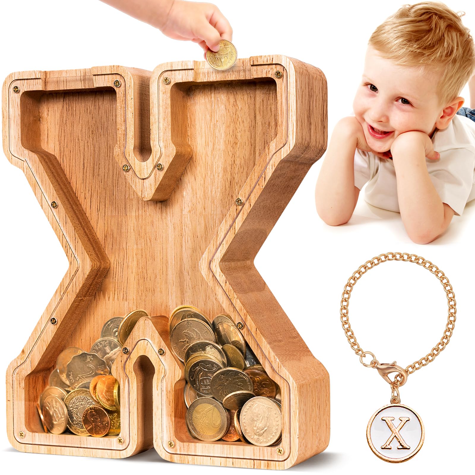 SummiDate Wooden Letter Piggy Bank| Piggy Bank for Boys Girls Toddler| Alphabet X Money Bank| Coin Bank Birthday Gift for Kids|Birthday Gift for Kids (X)