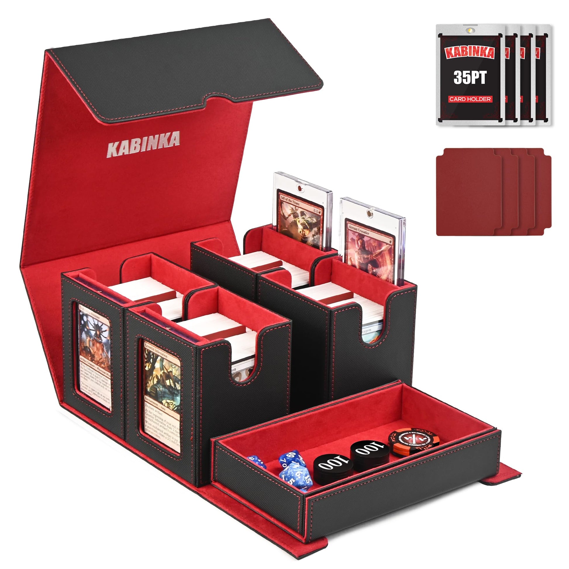 MTG Deck Box with Commander Display -protected designed Design  5 in 1 Trading Card Storage Box Fit 400 Double-sleeved Cards  Card Deck Case for TCG/Sports Cards with 4 Magnetic Card Holders (Black&Red)