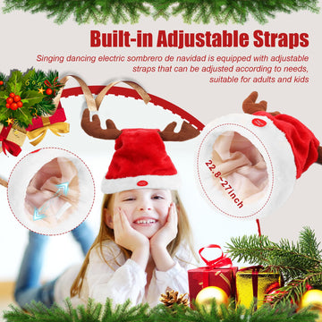 Gfilay Singing and Dancing Electric Santa Hat with Reindeer Antlers - Funny Novelty Musical Interactive Swinging Christmas Hats
