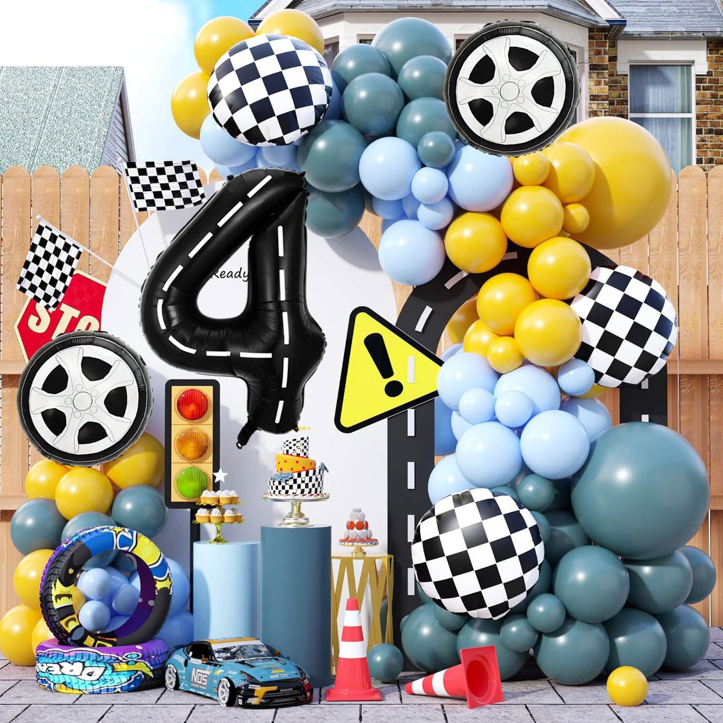 Race Car Birthday Balloons Decorations, 40 Inch Racetrack Black Number 4 Balloons, Large Mylar Black 4 Balloon For 4St Birthday