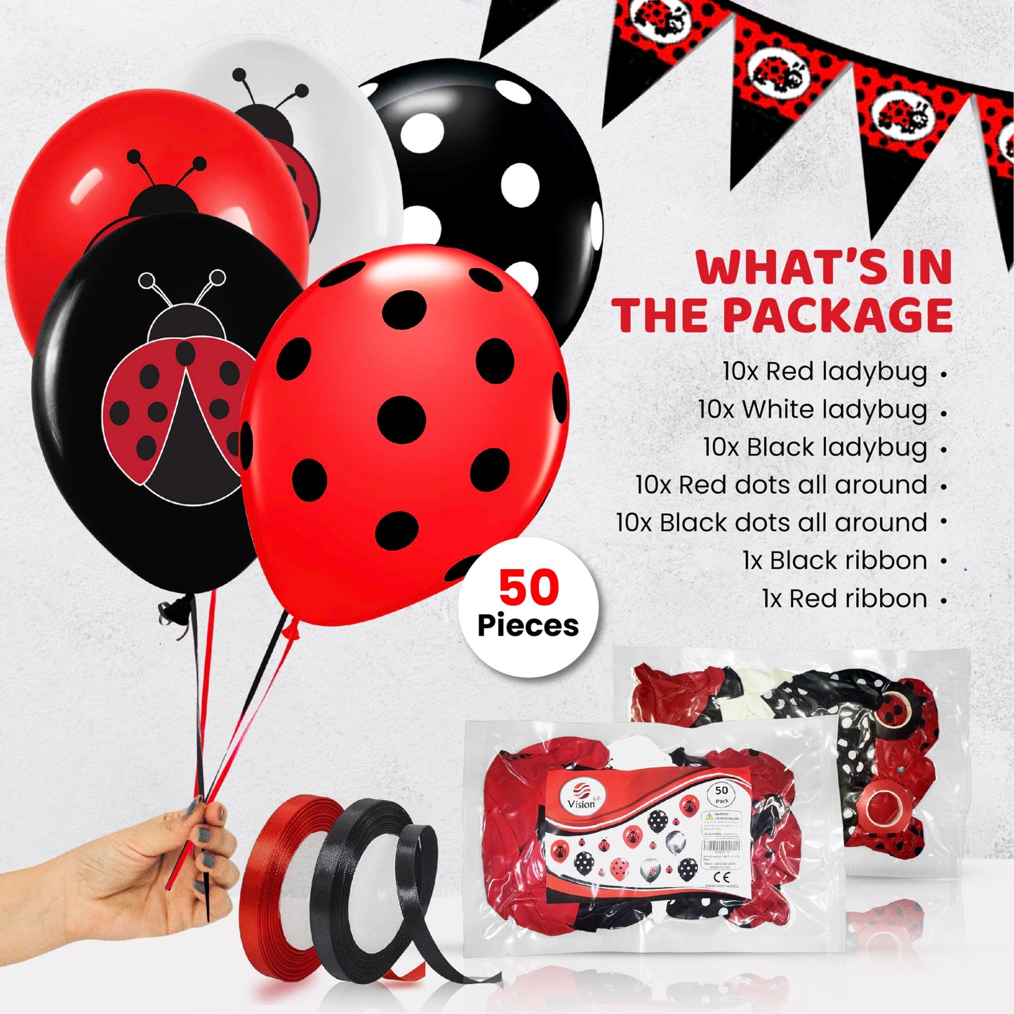 Ladybug 12'' Birthday Party Balloons 50 Pcs | Red Black Polka Dots Ladybug Design Premium Latex Balloons | Perfect For Ladybug B