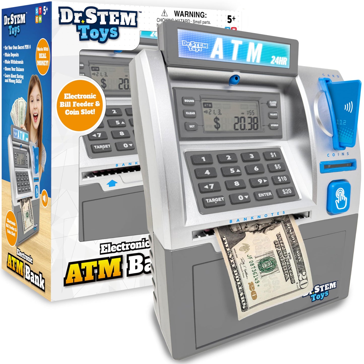 Dr. STEM Toys - Kids ATM Savings Bank - Electronic Piggy Bank with Bill Feeder, Coin Counter, and LCD - Educational STEM Toy for