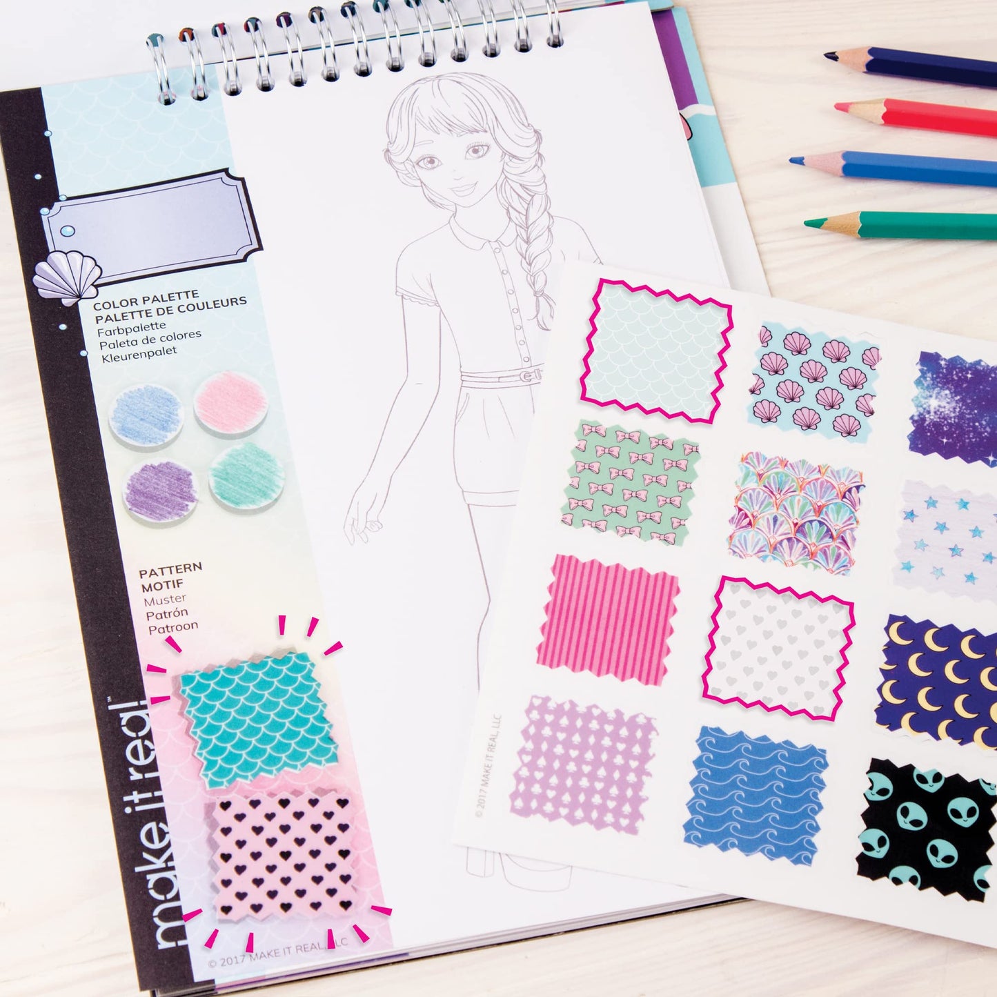 Make It Real Fashion Design Sketchbook for Girls - Pastel Pop Kit with 105 Stickers, Stencils, Design Guide - Pastel & Rainbow-T
